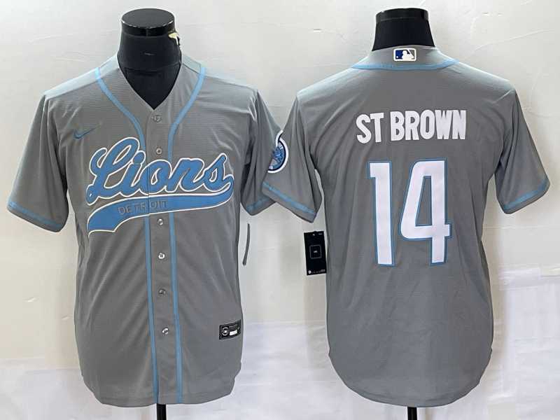 Men%27s Detroit Lions #14 Amon Ra St Brown Grey With Patch Cool Base Stitched Baseball Jersey->detroit lions->NFL Jersey